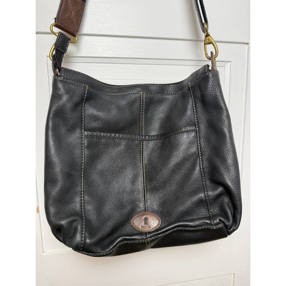 Fossil Hobo Morgan Traveler Bag Wide Strap Crossbody Pebbled Black Leather Bag - Picture 6 of 14